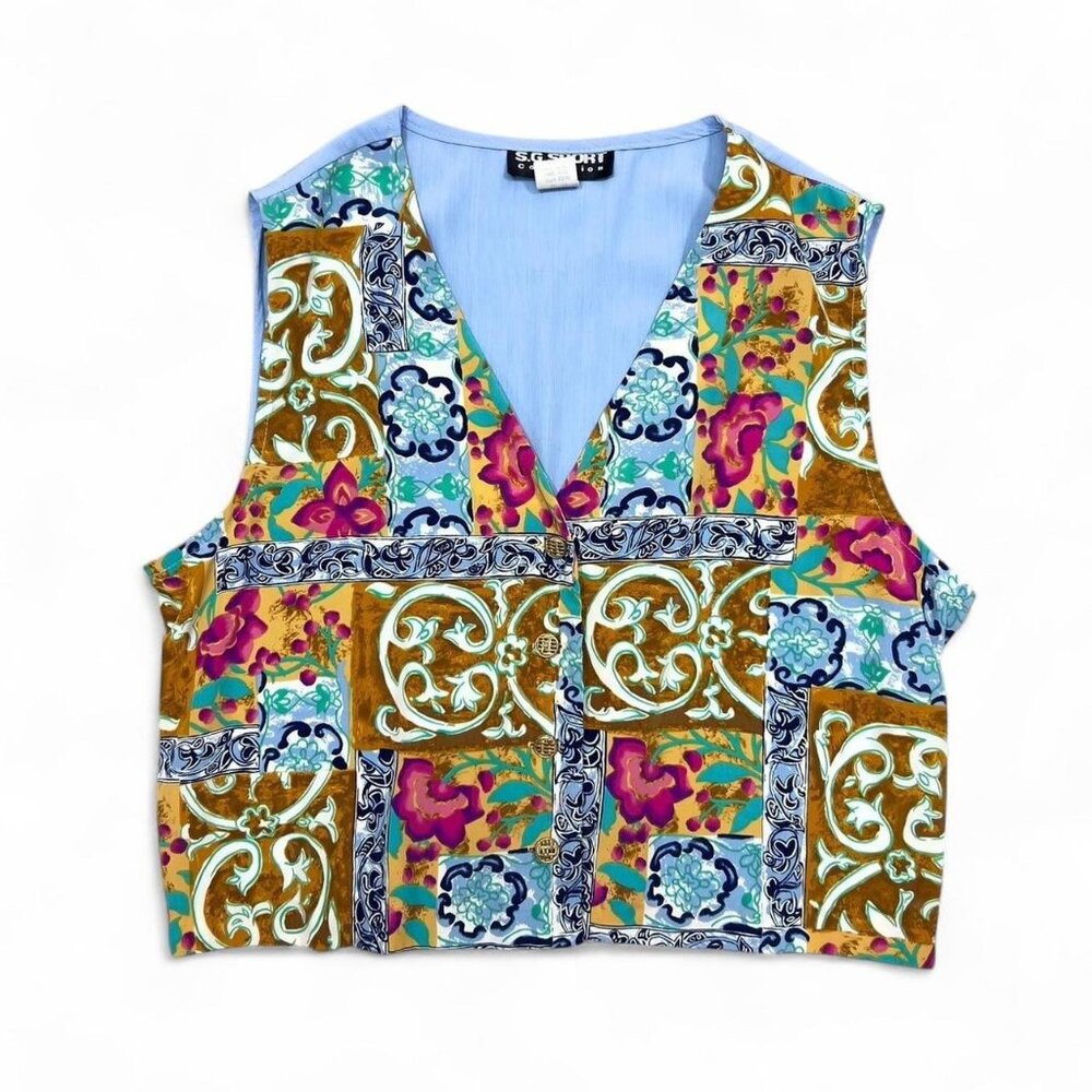 Vintage S.G. Sport Floral Patchwork Multicolor Sleeveless Blouse Tank Vest Boho